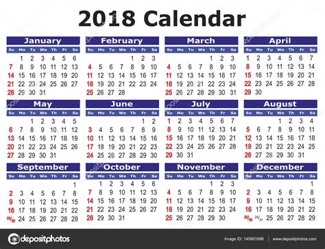 Simple Vector Calendar 2018 — Stock Vector © Alfonsodetomas 140901896