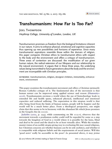 Transhumanism How Far Is Too Far Pdf Transhumanism Immortality