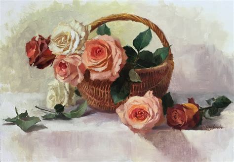 Rose Basket Roses Original Oil Painting One Of A Kind Handmake