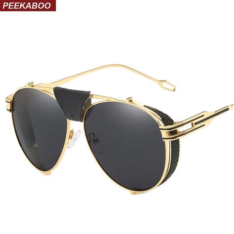 Peekaboo Mirror Shield Sunglasses Men 2018 Gold Black Metal Frame Big Retro Sun Glasses For Men