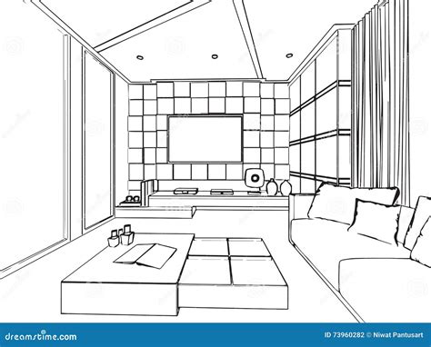 Outline Sketch Drawing Interior Perspective Of House Stock Vector