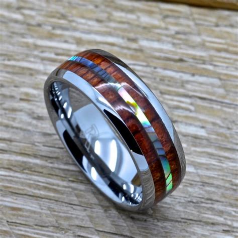 Mens Tungsten Ring With Abalone And Genuine Koa Wood Inlay 8mm Comfort Fit Wedding Band 
