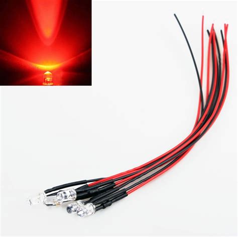 10x Red Led Light Individual Single Bulb Attached Pre Wired Bright 12v Dc 5mm