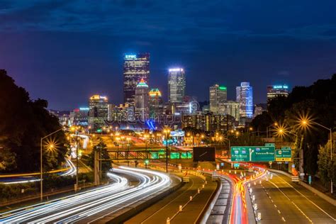 Skyline Of Pittsburgh Pennsylvania From The Highway At Night Editorial