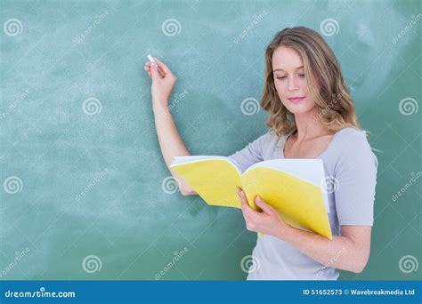 Smiling Teacher Writing On Blackboard Stock Image Image Of Blackboard