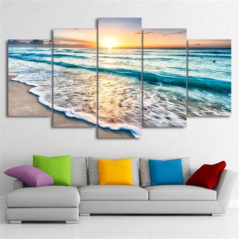 Sunset Beach 5 Piece Hd Multi Panel Canvas Wall Art Frame Coastal