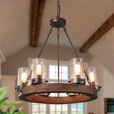 Gepow Farmhouse Wood Chandelier Round Wagon Wheel Light Fixture With