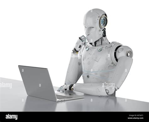3d Rendering Humanoid Robot Working On Laptop Computer Stock Photo Alamy