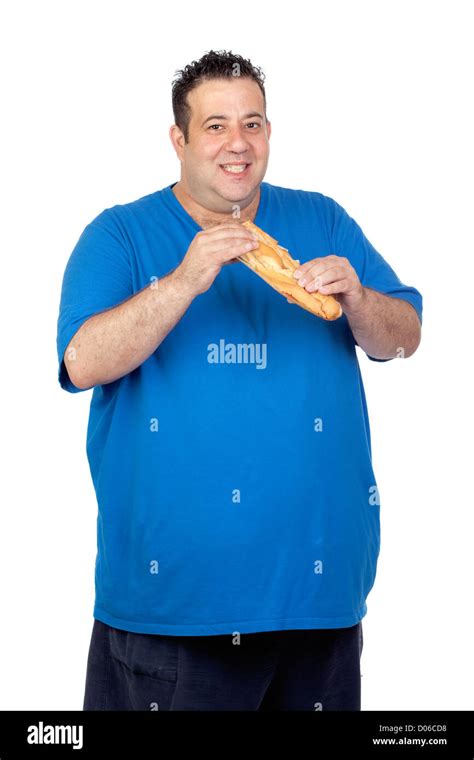 Happy Fat Man With A Large Bread Isolated On White Background Stock