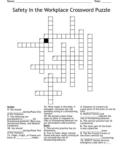 Workplace Safety Crossword Puzzle Printable