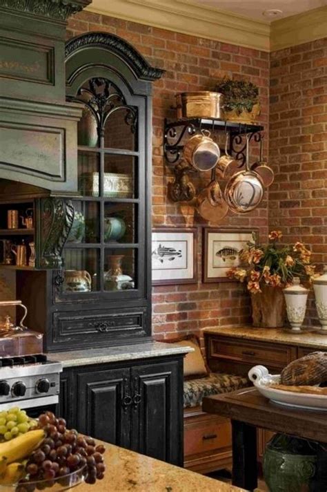 Rustic Kitchen Black Cabinet Granite Countertop Brick Wall Iron Pot