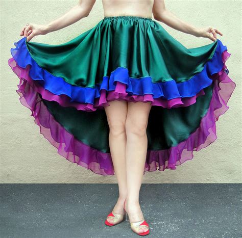 Satin High Low Skirt Peacock Colors Ameynra Design 1122 A Photograph