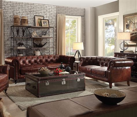 53625 Aberdeen Vintage Dark Brown Finish Leather Sofa Set Luchy Amor
