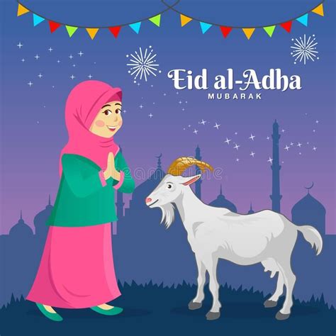 Eid Al Adha Greeting Card Cute Cartoon Muslim Girl Celebrating Eid Al