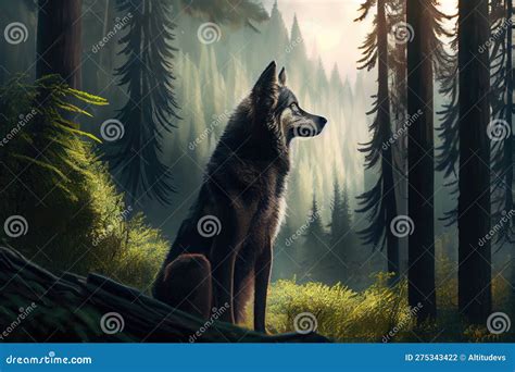 Wolf Gazing Out Over Lush Forest With Tall Trees In The Distance Stock