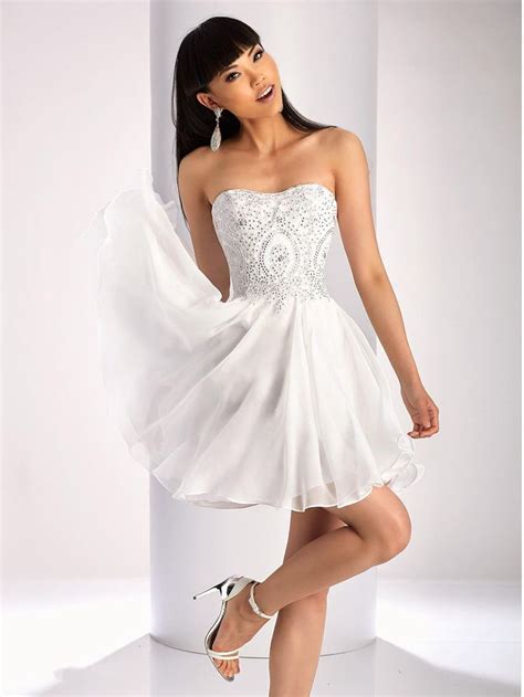 A Line Short White Strapless Lace Chiffon Homecoming Party Prom Dresses