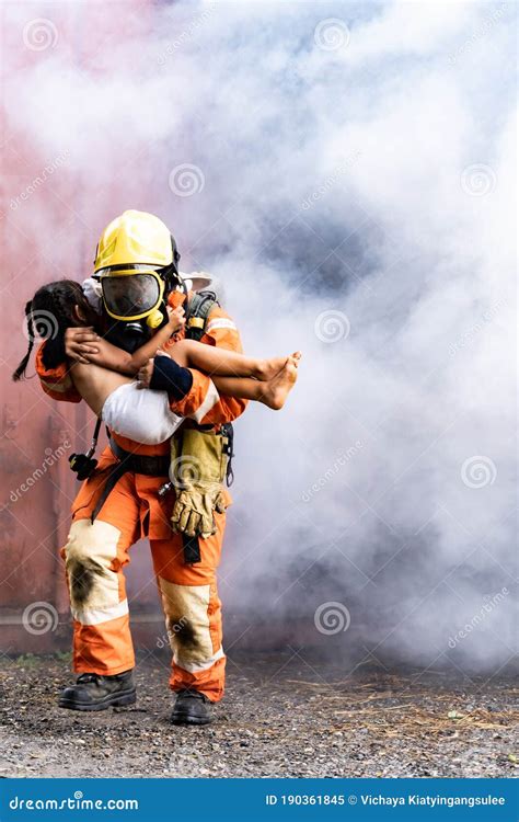Firefighter Rescue Child From Burning Building Stock Image Image Of
