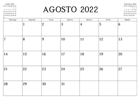 Calendário Agosto 2022 Imprimir Gratuito Docalendario