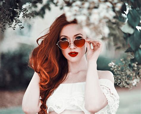 download lipstick heart shaped sunglasses redhead woman model hd wallpaper