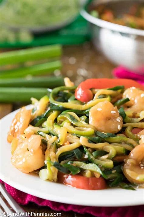 Push chicken away from the center of the skillet. Shrimp Stir Fry with Zucchini Noodles - Spend With Pennies ...