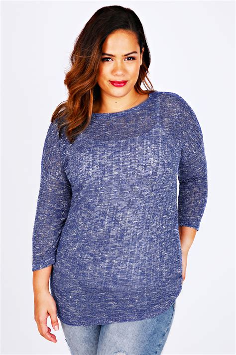 Blue And White Textured Fine Knit Slouch Top With 34 Sleeves Plus Size