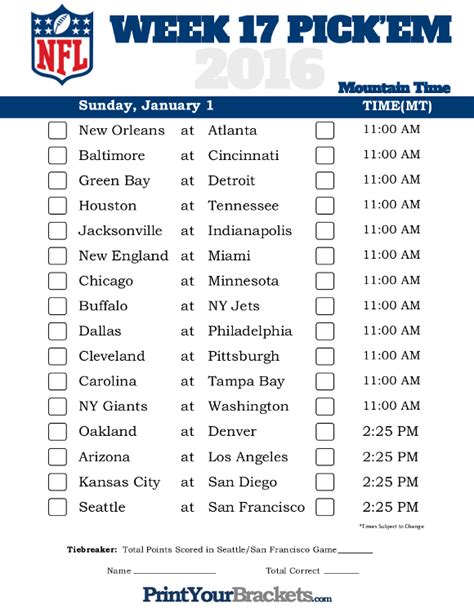 Week 17 Nfl Schedule Printable Printable World Holiday