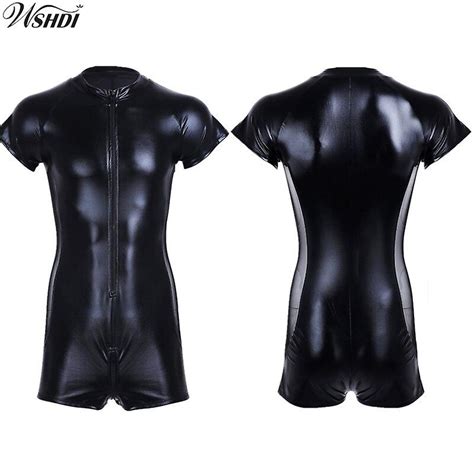patent leather zipper open crotch latex catsuit jumpsuit sexy lingerie for men erotic costumes