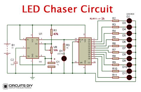 Led Chaser Using 4017 Counter And 555 Timer Led Chaser Circuit Using