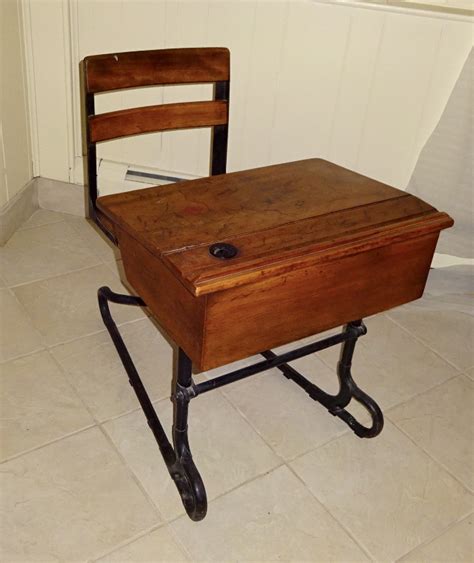 Antique Wooden School Desk With Inkwell Antique Poster