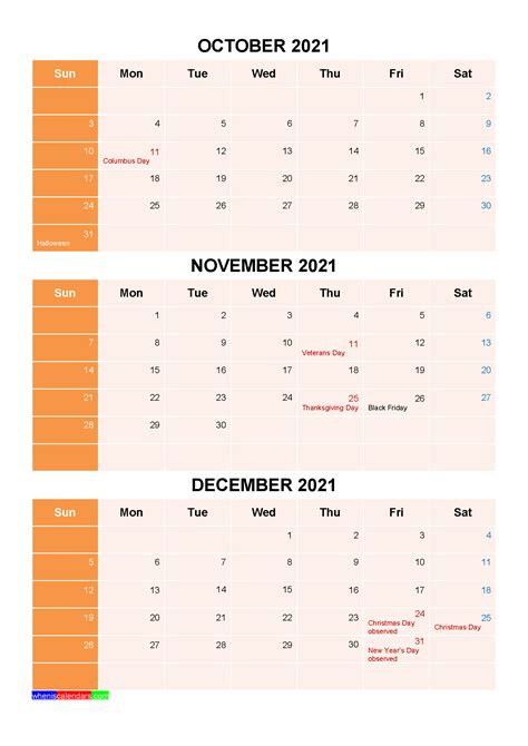 October November December 2021 Calendar With Holidays Four Quarters