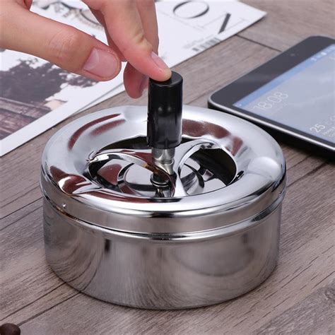 Luoem Round Push Down Cigarette Ashtray Stainless Steel Tabletop Ashtray With Spinning Tray