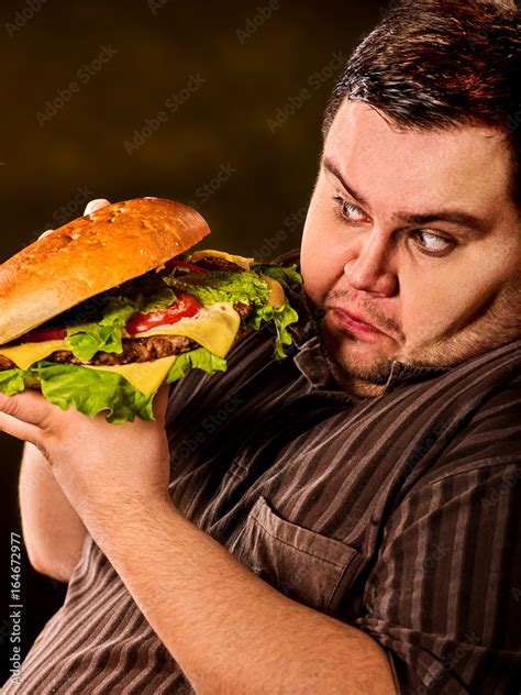 Man Eating Fast Food Hamberger Fat Person With Brutal Look Made Great Huge Hamburger And