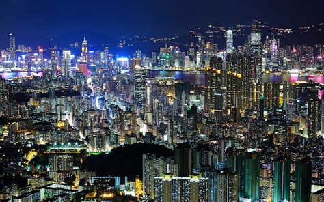 Hong Kong City Lights China Buildings Colors Asia Skyscrapers