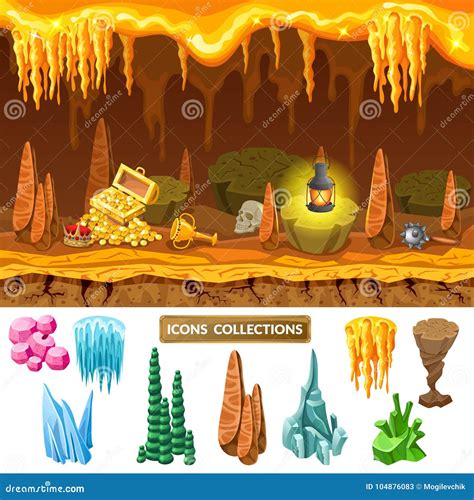 Colorful Isometric Game Treasure Cave Concept Stock Vector