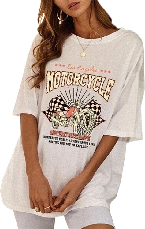 Meladyan Women Motorcycle Graphic Slogan Print Oversized Tee Shirt Short Sleeve Crewneck Drop