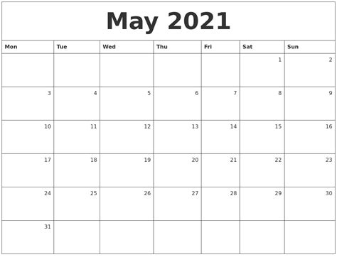 Download your free 2021 printable calendar. May 2021 Monthly Calendar