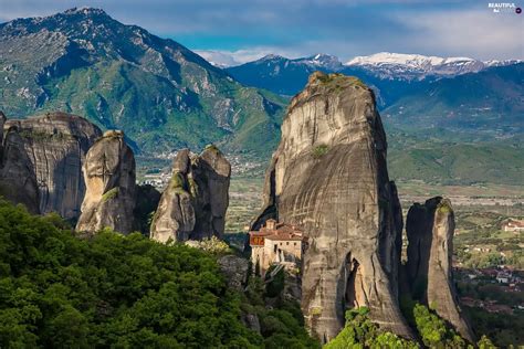 Forest Greece Mountains Rocks Cloister Beautiful Views Wallpapers