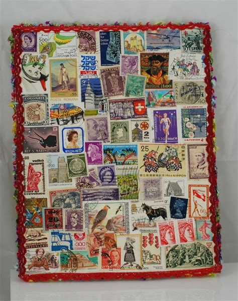 Multicolored Recycled Postage Stamp Collage Art Handmade With Love