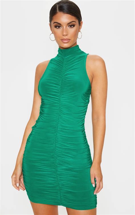 Emerald Green High Neck Ruched Bodycon Dress Prettylittlething