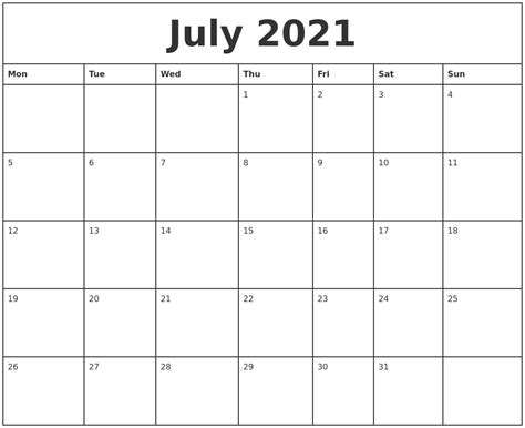 Mon To Sun Calendar June 2021 Print Printable Calendar Template 2022