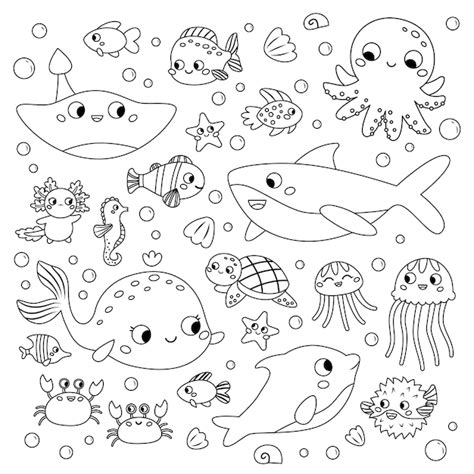 Coloriage Avec Des Animaux Marins Vecteur Premium