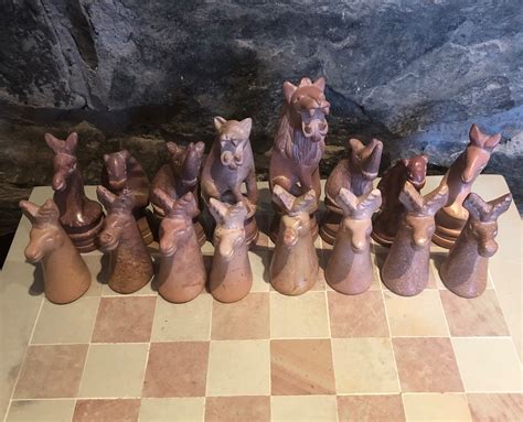 Hand Carved African Animal Chess Set 14 Inch With Banana Etsy Canada