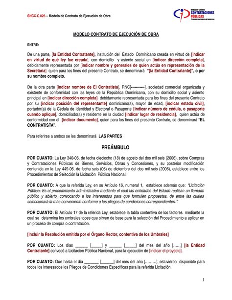 Sncc C026 Contrato Ejecucion De Obras Modelo Contrato De EjecuciÓn De