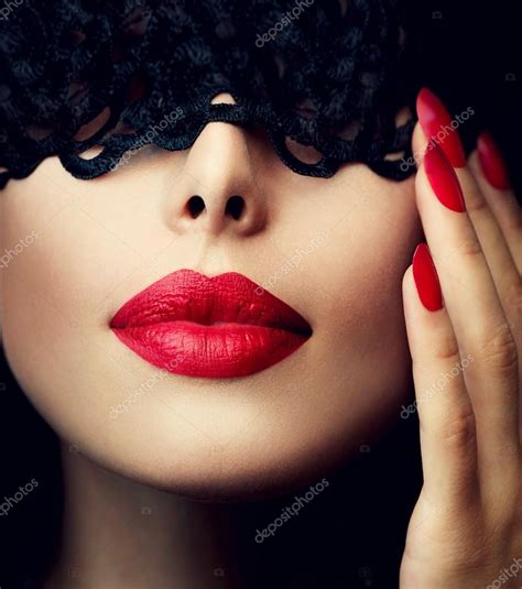 Beautiful Woman With Black Lace Mask Over Her Eyes Stock Photo By