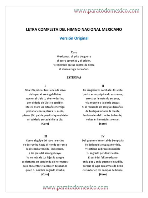 Letra Completa Del Himno Nacional Mexicano Version Original
