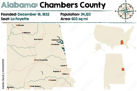 Large And Detailed Map Of Chambers County In Alabama Stock Vector