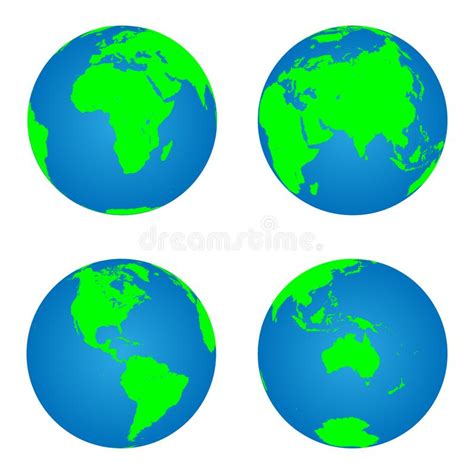 Set Four Planet Earth Globes Green Land Silhouette Map Stock