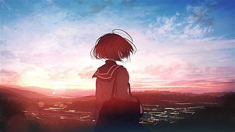Desktop Wallpaper Anime Girl Sunset Outdoor Art Hd
