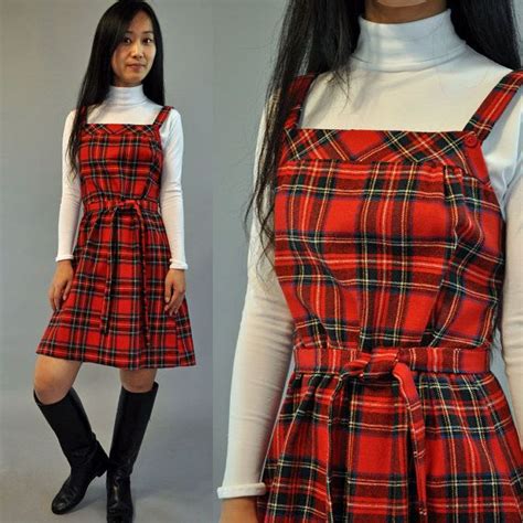Vintage 70s Red Plaid Jumper Dress Empire Waist Schoolgirl Etsy