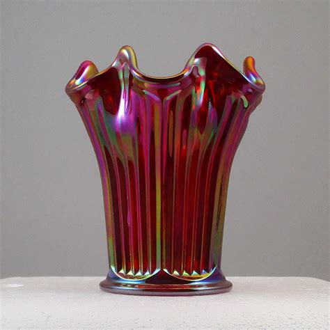 Mosser Red Fine Rib Carnival Glass Flared Squatty Vase 7 Carnival Glass